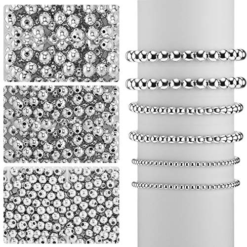 WILLBOND 1200 Pcs Round Spacer Beads for Jewelry Making 4/6/8 mm Smooth Ball Beaded Seamless Loose Ball Embellishments with Holes for Stackable Bracelet Craft(Silver) - color: Silver
