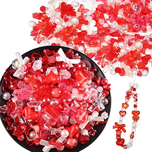 150g(170~230pcs) Aesthetic Acrylic Assorted Beads Cute Beads for Jewelry Making Kawaii Flower Heart Star Butterfly Bow Round Beads Bulk for Bracelets Making Necklaces DIY Crafts (Red) - color: 150g-Red