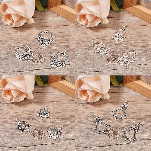 SUNNYCLUE 1 Box 64Pcs 16 Style Tibetan Earring Chandelier Charms Connector Linking Charm Findings Jewelry Making for Earring Drop and Charm Antique Silver Components - color: 64pcs 16 Styles Antique Silver