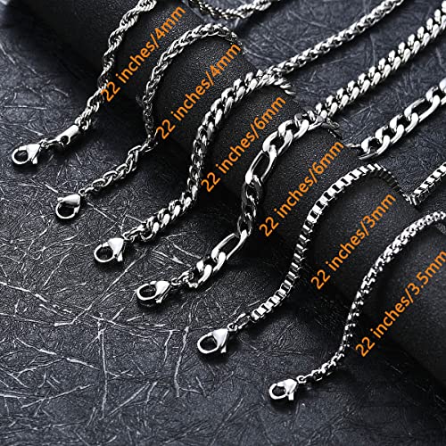 6 Pcs Silver Chains, Stainless Steel Cuban Link/Rope/Box/Figaro/Square Rolo/Wheat Chain Necklace Jewelry Set for Men Women - color: 22 inches