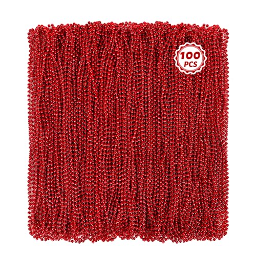 Huskein 100 PCS Christmas Beads Bulk, 33" Valentines Day Beads Necklaces, Mardi Gras Beads Necklaces Bulk, Red Round Beads For Parade Carnival Accessories Party Supplies Favors - color: Red