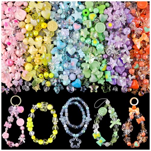 400-450PCS TINKRSTUFF Assorted Acrylic Beads For Bracelet Making, Cute Beads For Jewelry Making Flower Bow Butterfly Candy Gummy Bear Kawaii Aesthetic Beads,DIY Necklace Keychain Phone Charm(6 Colors) - color: 6 COLOR SERIES-PINK+PURPLE+GREEN+BLUE+YELLOW+
