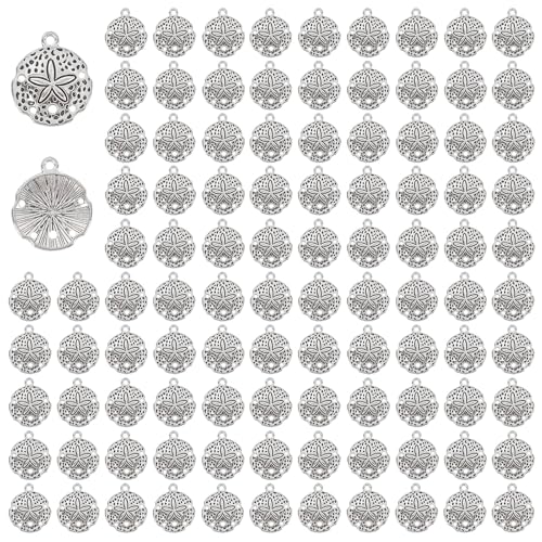 Framendino, Round Flat Seashell Charms Antique Metal Starfish Linking Charm Tibetan Sand Dollar Pendant for Jewelry Making - color: 100 Pack, size: Small