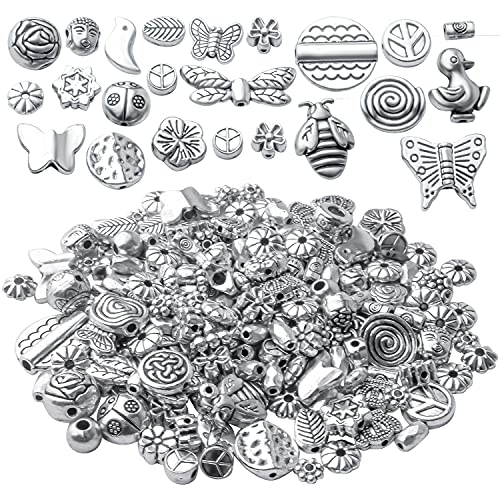 100g Antique Silver Spacer Beads Tibetan Alloy Ball Leaf Butterfly Flower Animal Spacers Loose Beads Spacer Charm Beads Craft Supplies for DIY European Bracelet Necklace Jewelry Making