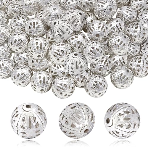 TOAOB 100pcs 12mm Silver Filigree Hollower Ball Beads Round Metal Loose Spacer Beads for DIY Crafts Bracelets Necklaces Earrings Jewelry Making - color: Silver, size: 12mm