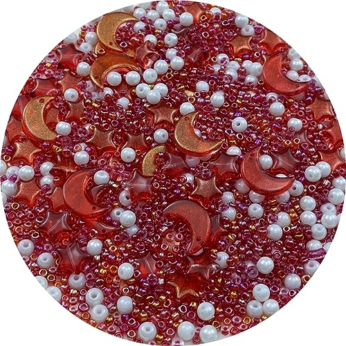 Assorted Glass Beads for Jewelry Making Multi Size Colors Glass Star Moon Seed Pearl Spacer Beads for Bracelets Necklace Earring Making(White Red) - color: White Red