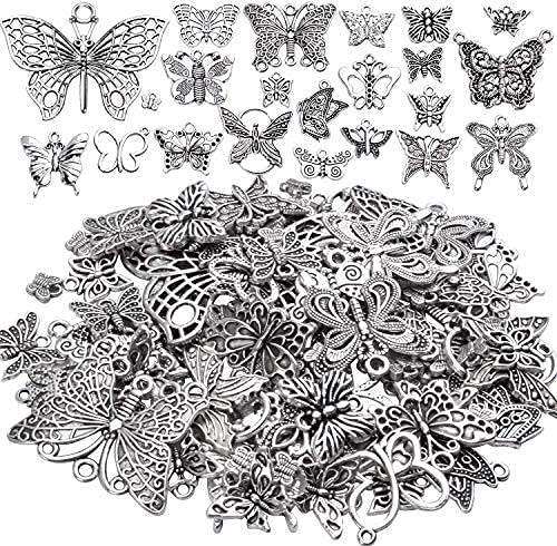 Jdesun 100g Craft Supplies Antique Silver Mixed Butterfly Charms Fly Insect Pendant Charms for DIY Necklace Bracelet Crafting,30-60pcs - style: Silver Butterfly Charms