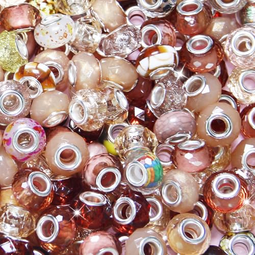 60 Pieces Large Hole Beads Spacer Bead Champagne Assorted European Craft Big Beads Large Hole Lampwork Murano Fairy Wand Garden Bead for DIY Pens Bracelet Necklace Keychain Jewelry Making Supplies - color: Champagne, size: 60 Pcs