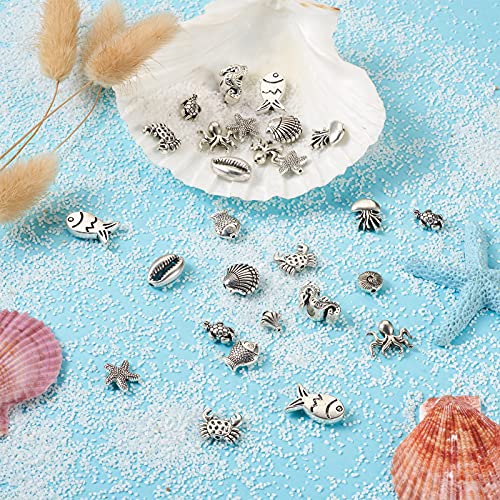 Fashewelry 60pcs Ocean Animal Tibetan Loose Spacer Beads Turtle Shell Fish Antique Silver Sea Life Creatures Alloy Western Beads for Necklace Bracelet Earring Craft Jewelry Making Supplies - color: Antique Silver, 12 Styles
