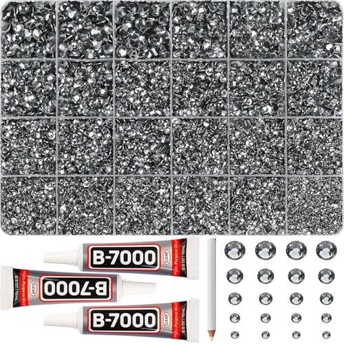 31000Pcs Grey Rhinestones for Bedazzling, 2-6mm Mixed Sizes Gray Flatback Resin Rhinestones, Bedazzled Gems Crystal Jewels Diamonds Gems Bedazzle Set with B7000 Glue for Crafting Clothes Crafts - color: Grey 2-6mm, size: Large Pack + 3Pcs Glue