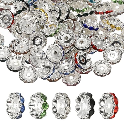 PATIKIL 12mm Wavy Rhinestone Spacer Beads, 100Pack Loose Jewelry Making Spacers Beadable Rondelle Diamond Beads DIY Bracelets Pen Silver Plated for Craft Supplies Decor, Multicolor - color: Multicolor