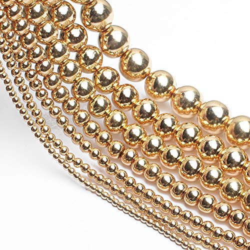 Song Xi 14K Gold Hematite Beads Round Loose Beads for Jewelry Making DIY Bracelets and Necklaces 6mm/60pcs - color: 14k gold, size: 6mm