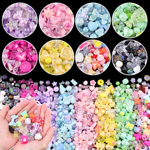 500-550PCS TINKRSTUFF Assorted 8 Mixed Colors Acrylic Beads For Bracelet Making, Cute Beads For Jewelry Making Flower Bow Butterfly GummyBear Aesthetic Bracelet Beads,DIY Necklace Keychain Phone Charm - color: 8 COLOR SERIES-PINK+PURPLE+GREEN+BLUE+YELLOW+