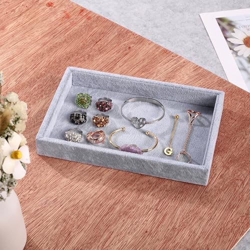 2 Pcs 9" x 5.7" Velvet Jewelry Tray Jewelry Display Tray, Stackable Empty Plate Trays for Earrings Necklaces Bracelet Rings Display Showcase - Grey - color: Grey, size: Flat Tray 9"x5.7"