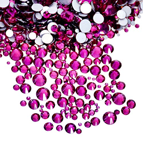 AD Beads 1440 Pieces Mixed Size No Hotfix Glue on Quality Glass Flatback Rhinestones Round Crystal Gems (25 Fuchsia) - color: Fuchsia 25
