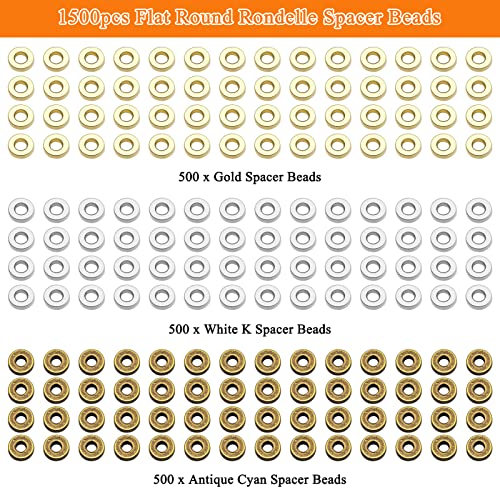 1500pcs Flat Round Spacer Beads for DIY Crafts,3 Colors Disc Loose Beads Flat Disc Spacer Beads for DIY Bracelet Necklace Earring Crafts(Gold,White K,Antique Cyan) - color: 1500pcs;Gold,White K,Antique cyan
