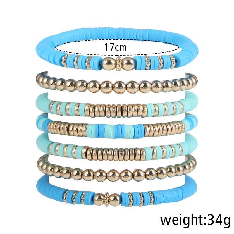 Pingyongchang Heishi Gold Beaded Bracelets Set for Women Men Bohemian Polymer Clay Colorful Surfer Vinyl Disc Stretch Layering Stackable Friendship Boho Bracelet Summer Beach Jewelry Gifts - color: Blue