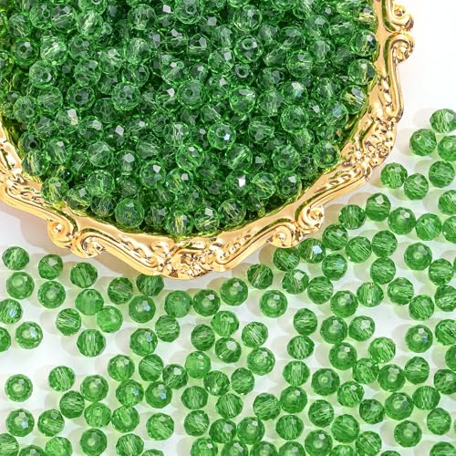 500PCS 6mm Round Crystal Glass Beads Faceted Spacer Beads Bulk for Jewelry Making Bracelets Necklace Earring Pendants Craft (Grass Green) - color: Grass Green, size: 6mm