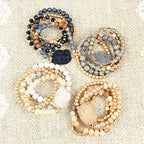 RIAH FASHION Bohemian Acrylic Druzy Multi-Layer Bead Statement Bracelet - Versatile Faux Stone Pendant Stretch Strand Stackable Cuff Bangle Set Sparkly Crystal - color: Acrylic Druzy & Natural Stone Bead Brown Jasper