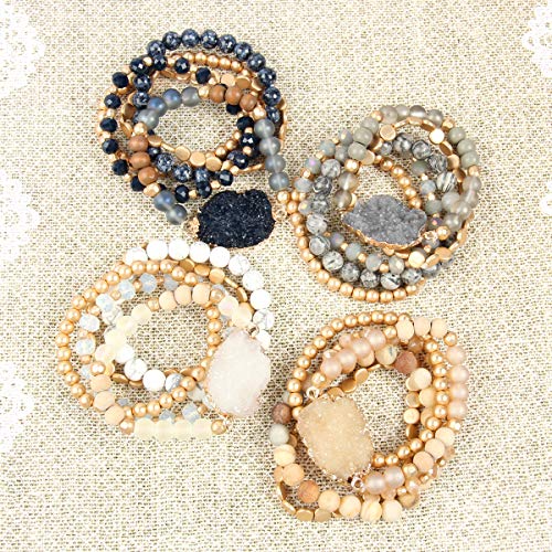 RIAH FASHION Bohemian Acrylic Druzy Multi-Layer Bead Statement Bracelet - Versatile Faux Stone Pendant Stretch Strand Stackable Cuff Bangle Set Sparkly Crystal - color: Acrylic Druzy & Natural Stone Bead Black Labradorite