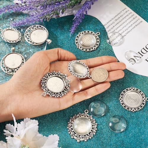 FASHEWELRY 16Pcs Oval Round Bezel Pendant Trays Antique Silver Bezel Blanks Cabochon Setting with Clear Glass Cabochon for Photo Pendant Craft Jewelry Making - color: Oval & Round