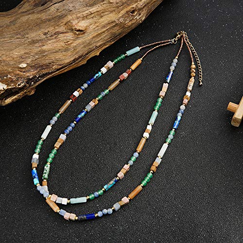 Plumiss Boho Handmade Natural Jasper Stone Beaded Crystal Mixed Strand Short Necklace for Women Girl - color: Mixed Natural Stone