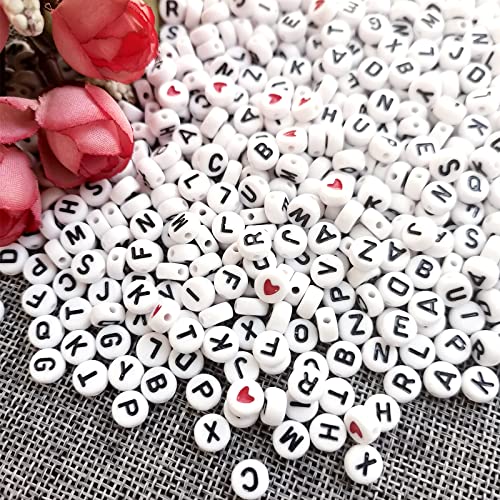 Amaney 1000pcs 4x7mm Letter Beads and Red Heart Beads for Jewelry Making Bracelets, Necklaces, Key Chains - color: Letter red heart
