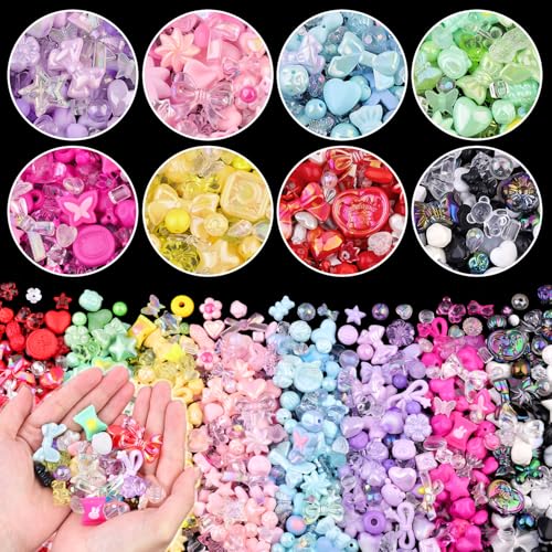 500-550PCS TINKRSTUFF Assorted 8 Colors Mixed Acrylic Beads For Bracelet Making, Cute Beads For Jewelry Making Flower Bow Butterfly GummyBear Aesthetic Bracelet Beads,DIY Necklace Keychain Phone Charm - color: 8 COLOR SERIES-PINK+PURPLE+GREEN+BLUE+YELLOW+
