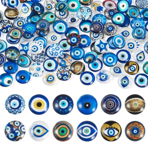 100Pcs/Set Flat Round Transparent Glass Cabochons with Pattern Eye Flatback Glass Dome Flatback Cab Beads for Photo Cameo Jewelry Making Necklace Ring DIY Crafts 12x4mm Evil Eye - color: 100Pcs-12x4mm-Evil Eye