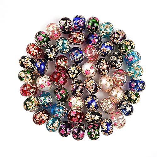 AIPRIDY 50 Pieces 13x9 mm Japanese Color Painting Murano Large Hole Glass Beads Mix Flower with Silver Brass Core European Floral Beads for Charm Jewelry Making - color: Drawing Beads