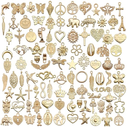 100 Pieces Jewelry Making Charms Pendants for Bracelet Bulk lot Necklace Earrings Keychain Charms Beads DIY Kit Trendy Craft - style: Gold Heart Butterfly