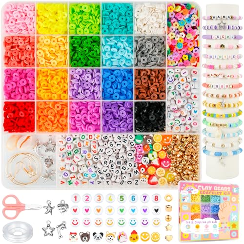 Sunlode Bracelet Making Kit 5000pcs, Jewelry Making Kit for Beginner, DIY Arts and Crafts Gift Toys for Kids Ages 6-13 Preppy Clay Beads with Charms Friendship Bracelets - style: Sweet Petal