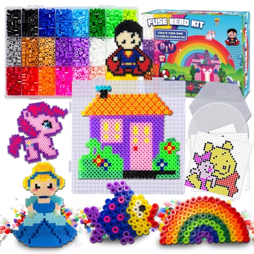 FUNZBO 5500 5mm Fuse Beads Kit - 24 Colors | 111 Patterns, Arts and Crafts for Girls and Boys, Kids Toys Set, Gifts for Kids, Teens and Adults Age 5+ Years Old - size: 5500 pcs with Pegboards