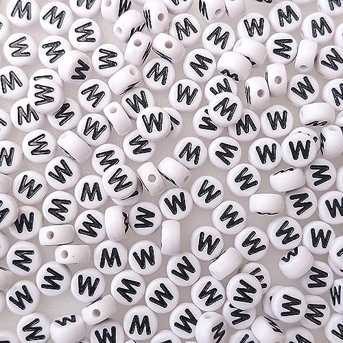 200+ Pieces 4x7mm Single W Letter Beads for Jewelry Making, White Round Acrylic Bulk Alphabet (Black on White) - size: Single letter W 200+ Pcs