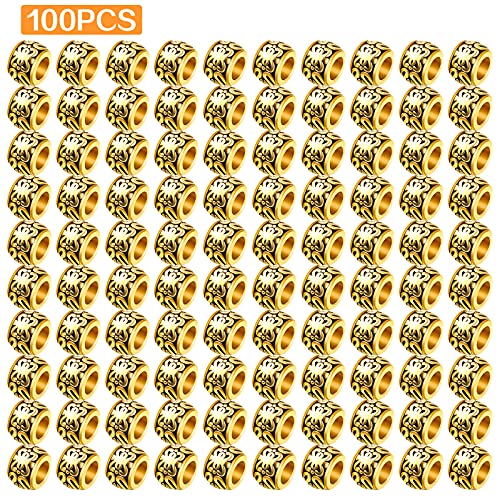 BronaGrand 100pcs Antique Gold Large Hole Spacer Beads Tibetan Alloy Column Barrel Beads with Nice Patterns Loose Charm Beads for European Charm Snake Chain Bracelet Jewelry Making - color: Gold