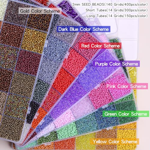 SONGIN 62,300pcs Seed Beads kit with Bugle Beads, 7 Boxes Assorted Glass Bead Set for Jewelry Making, Featuring 2mm Seed & Long Short Tube Bead for DIY Bracelets, Necklaces, and Crafts