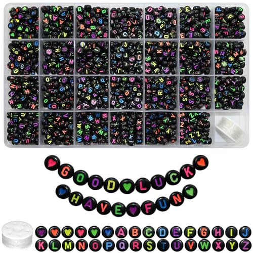 Amaney 1400pcs Colorful Letter Beads Round Alphabet A-Z Heart 4x7mm Black Acrylic Beads and Crystal Line for Jewelry Making - color: Black&Colourful, size: 7x4mm