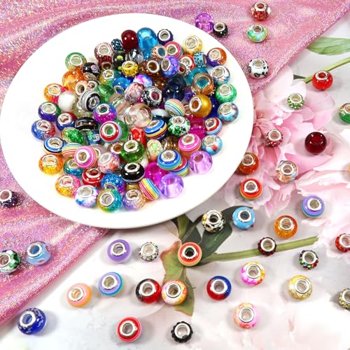 TOAOB 150pcs Glass European Large Holes Beads Assorted Resin Spacer Rhinestones Lampwork Craft Beads for Bracelets Necklaces Jewelry Making