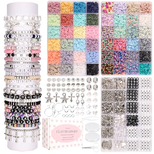 Pizooro Bracelet Making Kit 3 Boxes,Clay Beads for Jewelry Making,Silver Letter Bead with Cross Charm,Silver Earrings and Elastic String,Friendship Bracelet for Women,Birthday Gifts for Women Girls - color: Silver