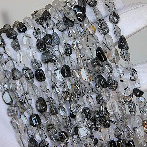 MJDCB Natural Irregular Shape Stone Beads 6-8mm Black Quartzrutilated Gemstone Energy Crystal for Jewelry Making Bracelet Necklace - color: Black Quartzrutilated