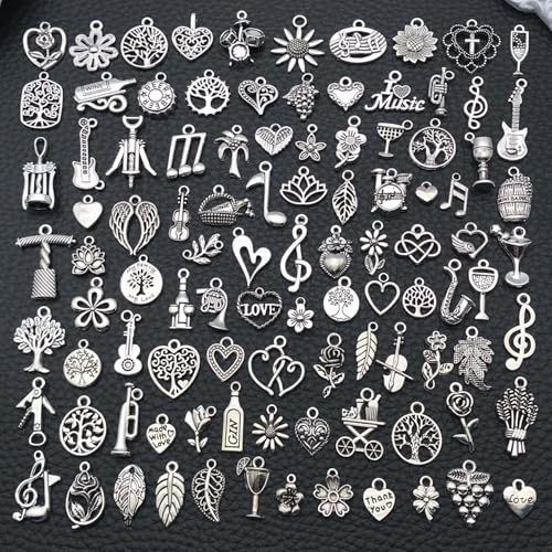 100 Pieces Jewelry Making Charms Pendants for Bracelet Bulk lot Necklace Earrings Keychain Charms Beads DIY Kit Trendy Craft - style: Love Music Leaves