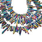 rockcloud Natural Rock Crystal Points Titanium Coated Clear Quartz Sticks Spikes Top Drilled 15 inch Strand,Rainbow - color: #26-Rainbow(Small)