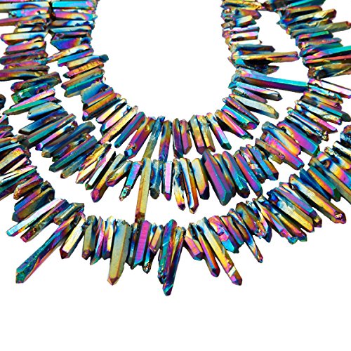 rockcloud Natural Rock Crystal Points Titanium Coated Clear Quartz Sticks Spikes Top Drilled 15 inch Strand,Rainbow - color: #26-Rainbow(Small)
