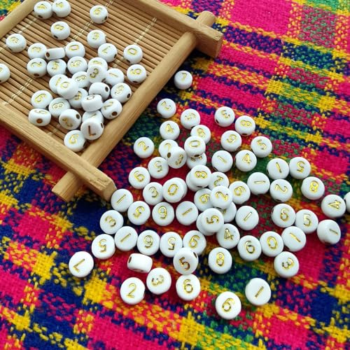 Amaney 500pcs Gold Number Beads 7x4mm Mixed Number Beads Acrylic Round Shape Loose Beads - color: Gold, size: 7x4mm