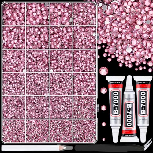 25000Pcs Resin Rhinestones with Tweezers for Crafting, Dark Pink 2-6mm Mixed Sizes Bedazzling Crystal with 3Pcs 10ml B7000 Jewelry Glue for DIY Crafts Clothing Tumblers Shoes Fabric Nail Art - color: Dark Pink, size: Large Pack + 3Pcs Glue