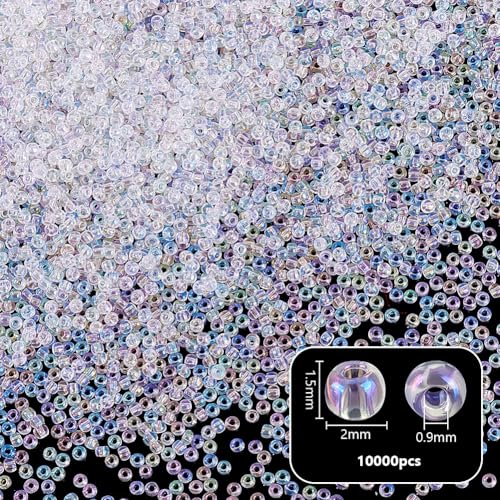 PH PandaHall 10000pcs 11/0 2mm Glass Seed Beads Round Waist Beads Transparent Rainbow Mini Spacer Beads Clear Glass Beads Glass Seed Beads for Earring Bracelets Necklace Jewelry Making
