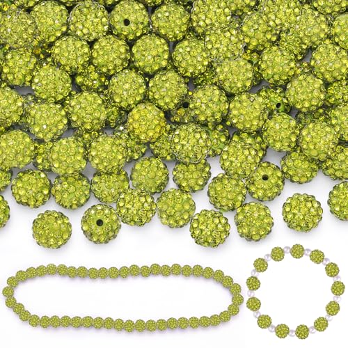 100 Pcs Olivine Rhinestone Beads for Jewelry Making, Sparkle Crystal Clay Christmas for Bracelet Baseball Necklace Earring Crafting and DIY, Shiny Round Shamballa Disco Ball Beads Bulk - color: Olivine, size: 100 pcs