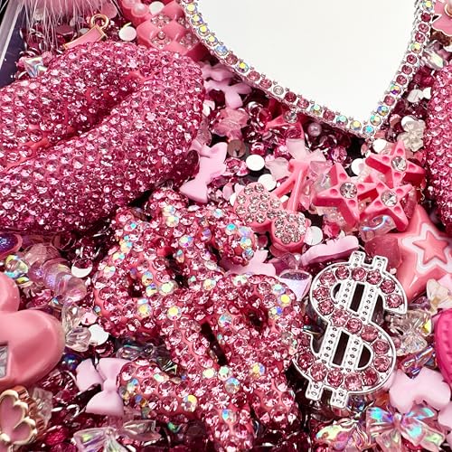 Gehaiwo Pink Junk Case Charms Kit, Junks Phone Cases with Rhinestone Accessories and Full Diamond Bow Lips Dollar Sign Pom Resin Kits Mirror with DIY Phones Decorations