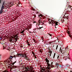 Gehaiwo Pink Junk Case Charms Kit, Junks Phone Cases with Rhinestone Accessories and Full Diamond Bow Lips Dollar Sign Pom Resin Kits Mirror with DIY Phones Decorations