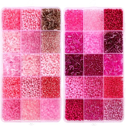 Jexine 2 Sets 30 Colors Glass Seed and Bugle Beads Kit Small Loose Craft Beads for Jewelry Making DIY Crafts Bracelets and Necklaces(Pink, Rose Red) - color: Pink, Rose Red